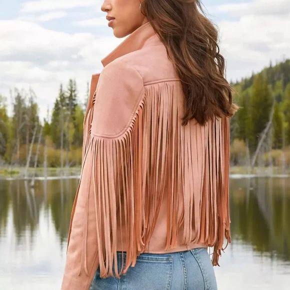 Boston Proper Fringed Faux Suede Jacket Blush Blazer NEW - Picture 3 of 9